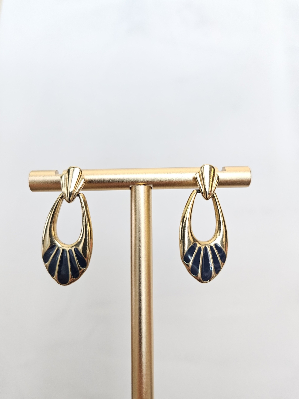 Gold-Tone Drop Earrings with Navy Enamel Accents - Unbranded